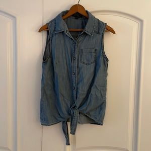 Velvet heart sleeveless button-up denim shirt